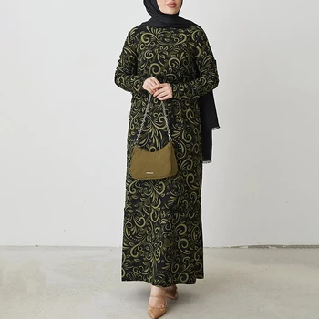 Etnice Casual, Rochii Maxi Pentru Femei Cu Maneci Lungi Guler Rotund Hijab Rochie Vintage Imprimate Musulman Doamnelor Halat De Moda Centura Auto