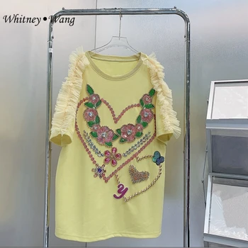 WHITNEY WANG Stil de Designer 2023 Vară de Moda Streetwear Volane Cristale ștrasuri din Mărgele 3D Florale T-Shirt Femei Teuri Doamna Topuri