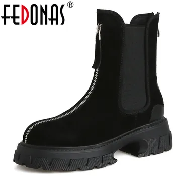 FEDONAS 2023 Noi Femeile Glezna Cizme de Moda cu Fermoar Frontală Tocuri Groase de Lucru Casual Toamna Iarna Vaca piele de Căprioară Pantofi de Piele de Femeie