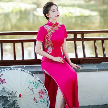 Hot Pink Sexy Satin Rochii Chineză Rochie Femei De Mari Dimensiuni Slim Qipao Mult Aplicatiile Petrecere De Seara Cheongsam Elegant Vestidos