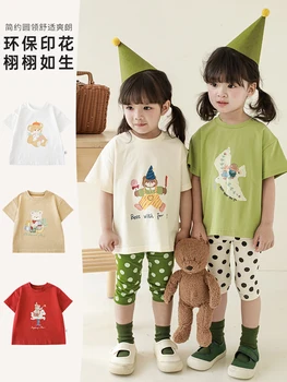 Fetelor Mediu și Lung, T-shirt 2023 Vara Multi-color Desene animate cu mânecă Scurtă pentru Copii Pulover Vrac