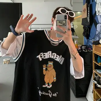 Tricou Baieti Vara Fals Două Trendy Hip-hop Wild Vrac Frumos Personalitate de Baschet de Stradă Uniformă Ursul Desene animate
