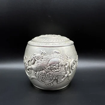 Colecta Chineză handmade alb cupru antic 'Leu Broderie Balonul Rezervor de Stocare' ornamente