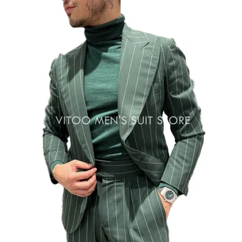 2022 Primăvară New Sosire Verde cu Dungi de Costume pentru Barbati Slim Fit 2 Piese Sacou+Pantaloni/Formale Birou de Afaceri de Îmbrăcăminte pentru Bărbați/Nunta Set