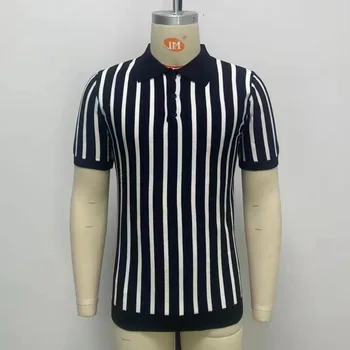 2023 Primavara Toamna anului Nou de Tricotat Tricou Polo Barbati Casual, Guler de Turn-down Butonul de Moda cu Dungi Topuri Matase de Gheață T Shirt Pentru bărbați