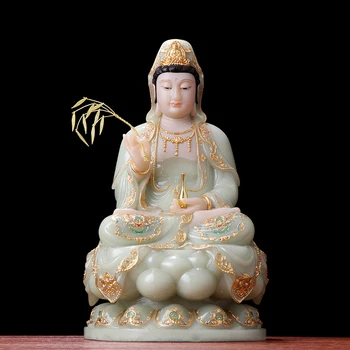 de înaltă calitate de jad aurire Avalokitesvara Guanyin Buddha acasă Templu eficace Talisman Mascota sculptură, Sculptura statuie Mare