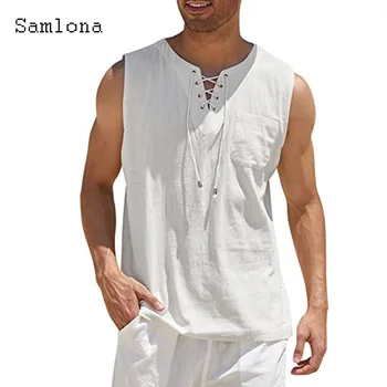 Samlona Plus Dimensiune Barbati Casual Lenjerie Camasi Bluza 2023 fără Mâneci Topuri Bărbat Solid Bandaj Tricou blusas Sexy Mens Îmbrăcăminte 4xl