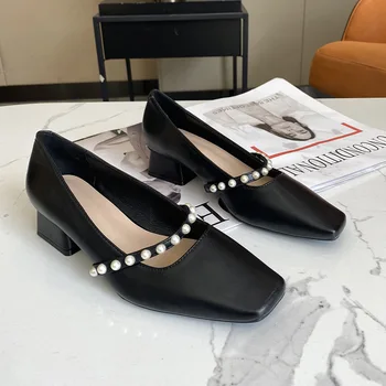 Femei franceze de Seara Stil Mediu Pantofi cu Toc Blând Coajă Șirag de mărgele Curea din Piele Pantofi Mary Janes Pantofi Rochie