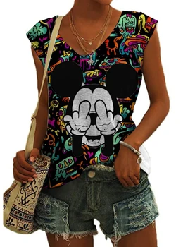 Femei de Strada de Vară Stil fără Mâneci Rezervor de Top Disney Mickey Minnie Anime 2023 Versatil Casual Femei Slim Fit V Gât de Sus