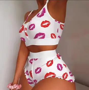 Sexy Femei Lapte de Înaltă Calitate Pijamale de Mătase Moda Drăguț Sexy Imprimare de Capsuni Dantela Sling Sling Două Piese Homewear Dulce Pijamale