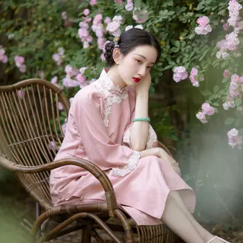 Republica populară chineză Stil de zi cu Zi Stil Scurt Cheongsam Fata Dulce Dantela Dantela Roz Șapte puncte Maneca Cheongsam