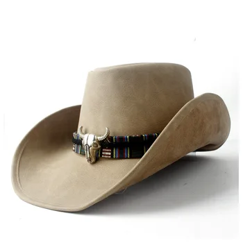Retro Unisex Din Piele Pălărie Margine Largă Cowboy Cowgirl Vest Pălărie Cap De Vacă Din Piele Trupa
