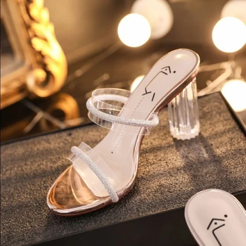 Moda Casual Tocuri Indesata Papuci de casa pentru Femei 2023 Vară Elegant în aer liber cu Toc Papuci de Cristal Sandale Sexy Pantofi de Partid