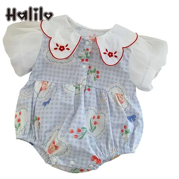 Halilo Baby Girl Body De Vara Din Bumbac Peter Pan Guler Carouri Florale Printesa Prima Aniversare De Îmbrăcăminte Pentru Sugari