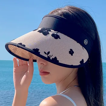 Vara Noi De Flori Brodate Gol Pălării De Top Femei Exterioare De Protecție Solară Parasolar Paie Capac Versiunea Coreeană De Moda Casual Palarie De Soare