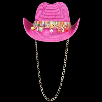 Punk Pălărie de Cowboy 2023 Vara Rose Red Lanț Pălărie de Paie pentru Bărbați Domn Femei Jazz Pălărie de Cowboy Pălărie de Paie Pălărie de Soare