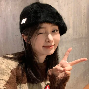 Păr De Iepure Bereta De Sex Feminin Toamna Și Iarna Versiunea Coreeană Wild Metal Standard Retro Înainte Pălărie Mare Cu Cap