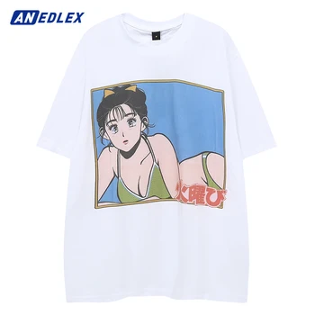 Oamenii Hip Hop Streetwear Alb Tricou Fata Anime Japonez Grafic T-Shirt Harajuku Vara Supradimensionat Tricou Bumbac Topuri Tricouri