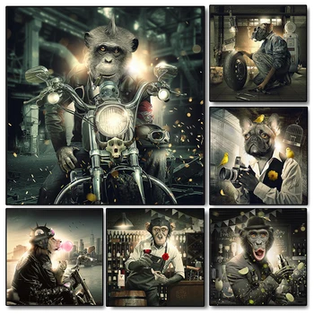 Rezumat Animal Maimuta Panza de Postere și de Imprimare Leu de Echitatie Motocicleta Arta de Perete de Imagine pentru Camera de zi de Decorare Acasă Cadou