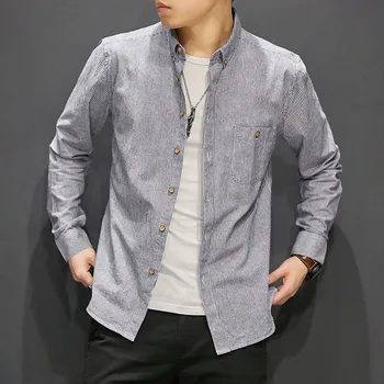2023 Mens Harajuku Culori Supradimensionat Tricou Dungi Bumbac Barbati Moda Coreeană Maneca Lunga Tricouri De Sex Masculin Butonul Până Camasi Bluze B72
