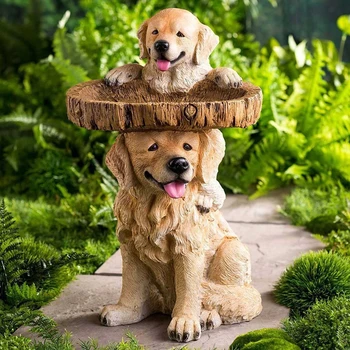 Grădină Câine Statuie Rășină Pui Miniaturi De Hrănire A Păsărilor De Baie Tavă De Animale Sculpturi De Gradina Decorare Casa Curte Decor Ornament