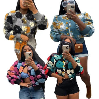 Iarna Retro Pluș Lână Broderie Flori Cardigan Ins Haina cu Mâneci Lungi Culturilor Y2K Streetwear Blana Femei Floare 3D Jacheta Bomber