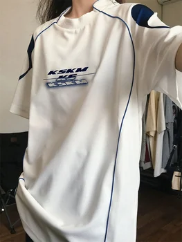 Linie de Design cu Maneci Scurte Femei Barbati Tricouri de Epocă Streetwear Harajuku Grunge Top Pierde T-shirt Scrisoare de Imprimare se Potrivesc Topuri Casual
