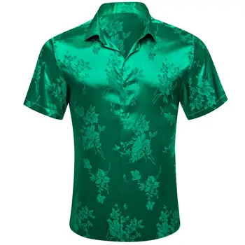Designer de Tricouri pentru Barbati cu Maneci Scurte Vara Rece Satin de Mătase Verde cu Flori Brodate Bluze Casual Respirabil Barry Wang