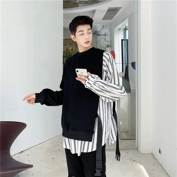 2023 Coreeană De Moda Cu Dungi Mozaic Fals Două Piese Hanorac Mens Partea Panglici Harajuku Tricou Casual Sudaderas Hombre