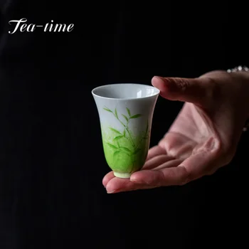 2pc/set Frumos Iarba Verde Cana de Ceai din Ceramica pictate manual Bambus Mic Master Cup Singur Parfumat Cana de Ceai Kung Fu Set Cadou 55ml