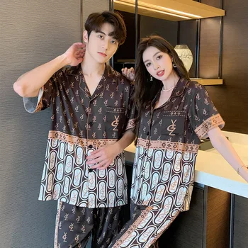 2023 Noi de Vara cu Maneci Scurte Cuplu de Matase Matase de Gheață Tipărite Pijamale Barbati Vrac Mare Homewear Set