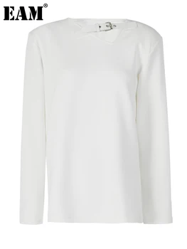 [MEM] Femei Alb Cataramă Neregulate de Dimensiuni Mari Casual T-shirt Noi V-Neck Maneca Lunga Mareea Moda Primavara Toamna anului 2023 1DF6296
