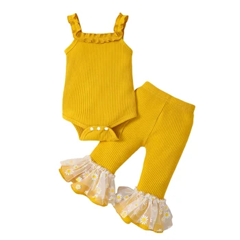 Pentru sugari Fete pentru Copii Haine Costume cu Nervuri de Culoare Solidă fără Mâneci Volane Sling Romper Daisy Print Pantaloni Flare Set 2 buc 0-18 luni