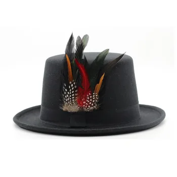Toamna și Iarna Pene Negru High Top Hat Fedora Panglică Elastică Plat de Top de Moda pentru Bărbați și Femei Simt Jazz Pălărie шляпа женска