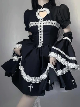 Franceză Gothic Lolita Rochie Eleganta Pentru Femei Dantelă Mozaic Slim Lolita Maid Dress Halat Cu Maneci Lungi Zburli Menajera Rochii Mini Y2k
