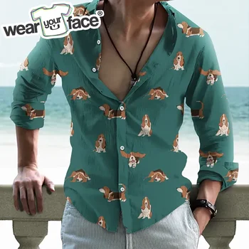 Catelus drăguț Câine 3D Peste Tot Imprimate Hawaiian Casual Butonul Până Camasi Rochie Complet Maneca Biroul de Plajă Streetwear Bărbați Îmbrăcăminte