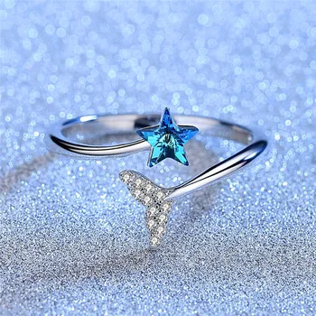 Feminin Drăguț Mic Inel Reglabil Argintiu Zircon Inel De Logodna Cu Crystal Blue Star Mermaid Nunta Inele Pentru Femei