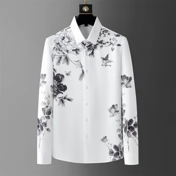 2023 Vară de Lux Stras Floare Camasa pentru Barbati cu Maneca Lunga Business Casual Dress Shirt Partidul Social Smoching Bărbați Îmbrăcăminte 5XL