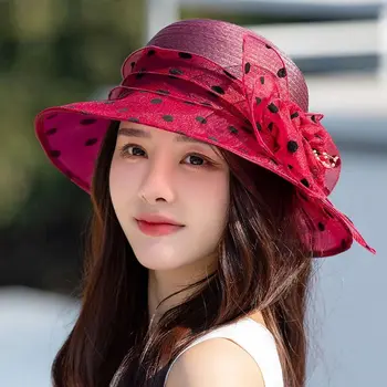 2023 Noua Moda Elegant Florale Din Organza Dot Mesh Biserica Palaria Pentru Femei Pliabil Petrecere De Nunta Pălărie De Plajă De Vară Soarele Capac De Protecție
