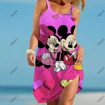 Disney 2022 Vara Rochii de Plaja Minnie Mickey Mouse 3D de Imprimare de Femei de Moda, O-Neck fără Mâneci Rochie Boem Fata Midi Sundress