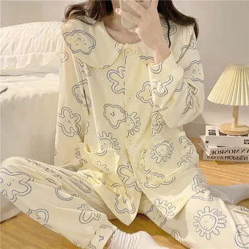 Coreea style Femei Seturi de Pijama Primavara Toamna cu Maneci Lungi imprimeu Floral Pijamale Largi Elegant Pijamale de sex Feminin de Agrement 2-bucata