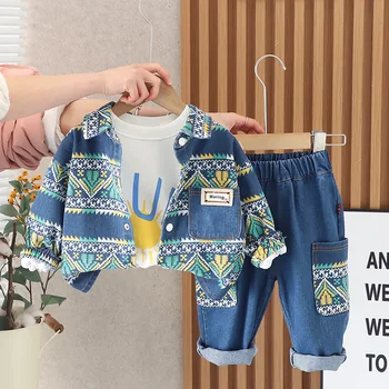 2023 Primăvară coreean Haine pentru Copii pentru Copii de Designer Maneca Lunga Tipărite Jachete din Denim + Alb T-shirt + Blugi Baieti Costume Seturi