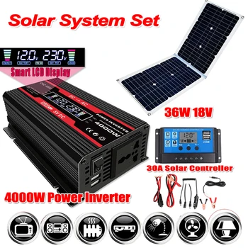 12V la 110V/220V Sistem Solar Invertor de Putere Set 4000W Putere Invertor cu Display LCD+36W/18V Panou Solar+Controler 30A