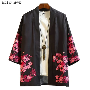 Stil Japonia Sakura & Crane Tipărite Kimono Jacheta Barbati Strat Subțire Stand Guler 100% Poliester Mens Deschide Placket Florale Cardigan