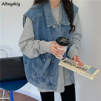 Veste Denim Femei Vrac Harajuku Casual Vintage Unisex Primăvară Japoneză Albastru Stil All-meci Leneș Chic Streetwear Ins fără Mâneci