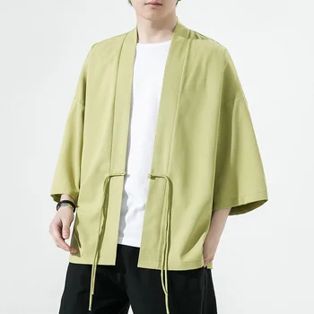 #4254Spring Vara Negru Alb Verde Kimono Jacheta Barbati Maneca Trei Sferturi Cardigan de protecție Solară Mens Streetwear Jachete Si Paltoane