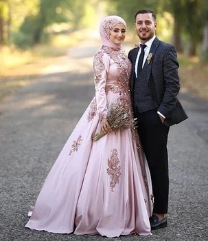 De Lux Musulman Rochii De Seara Cu Aplicatii De Dantela Cu Margele Hijab Mâneci Lungi O Linie Satin Petrecere De Nunta Rochii Pentru Femei 2023