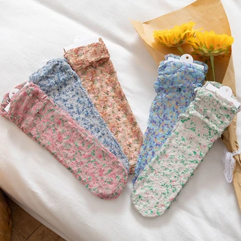 Femeile Coreea Style Moda Harajuku Print Floral Alb Pufos Ridicat De Șosete Lungi De Vară Plasă Subțire Transparent Scurt Etaj Ciorapi