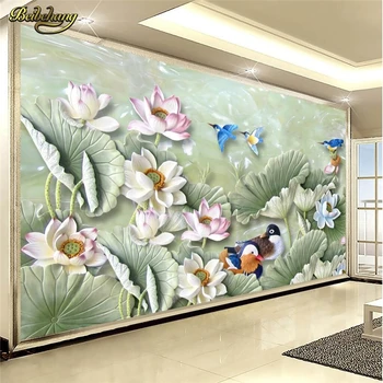 beibehang Foto Personalizat Tapet Mural Autocolant Perete HD Sculptură Jad Casa și Fugui Lotus, Mandarina Duck TV de Perete papel de parede