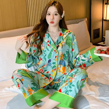 Vrac Lux Pijamale de Mătase pentru Femei Pădure de Imprimare Acasă Costum Pata Maneca Lunga Pantaloni de Pijama Set Femeie Pijamale Pijama Mujer Noi